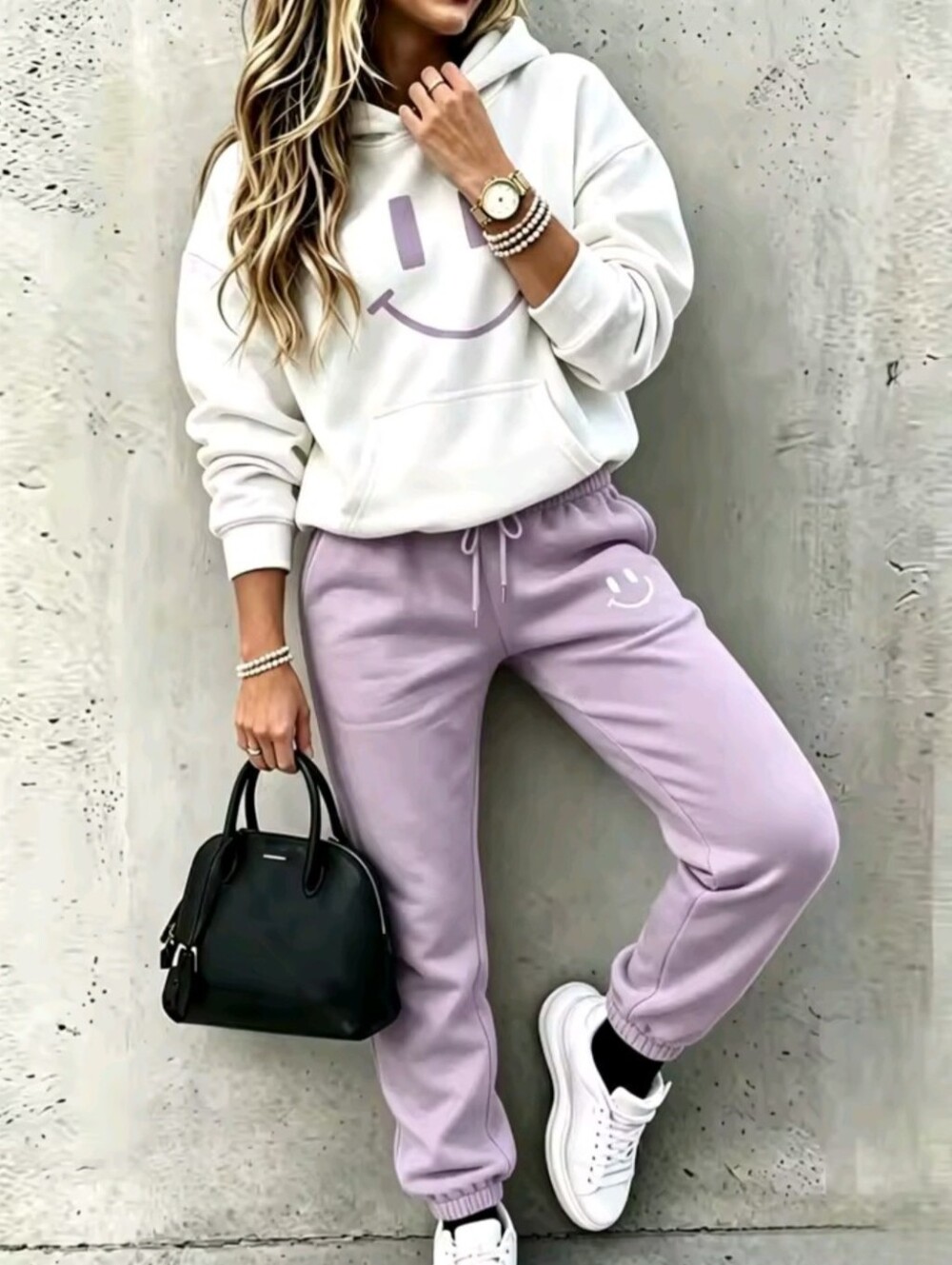 Women's Smile Face Print 2 Piece  Tracksuit Set